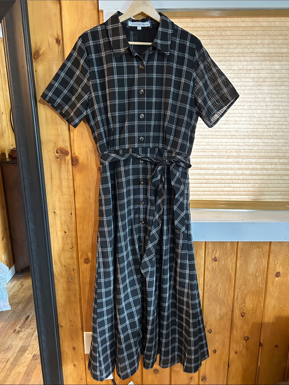 Black Plaid Button-Front Maxi Dress with Tie Waist